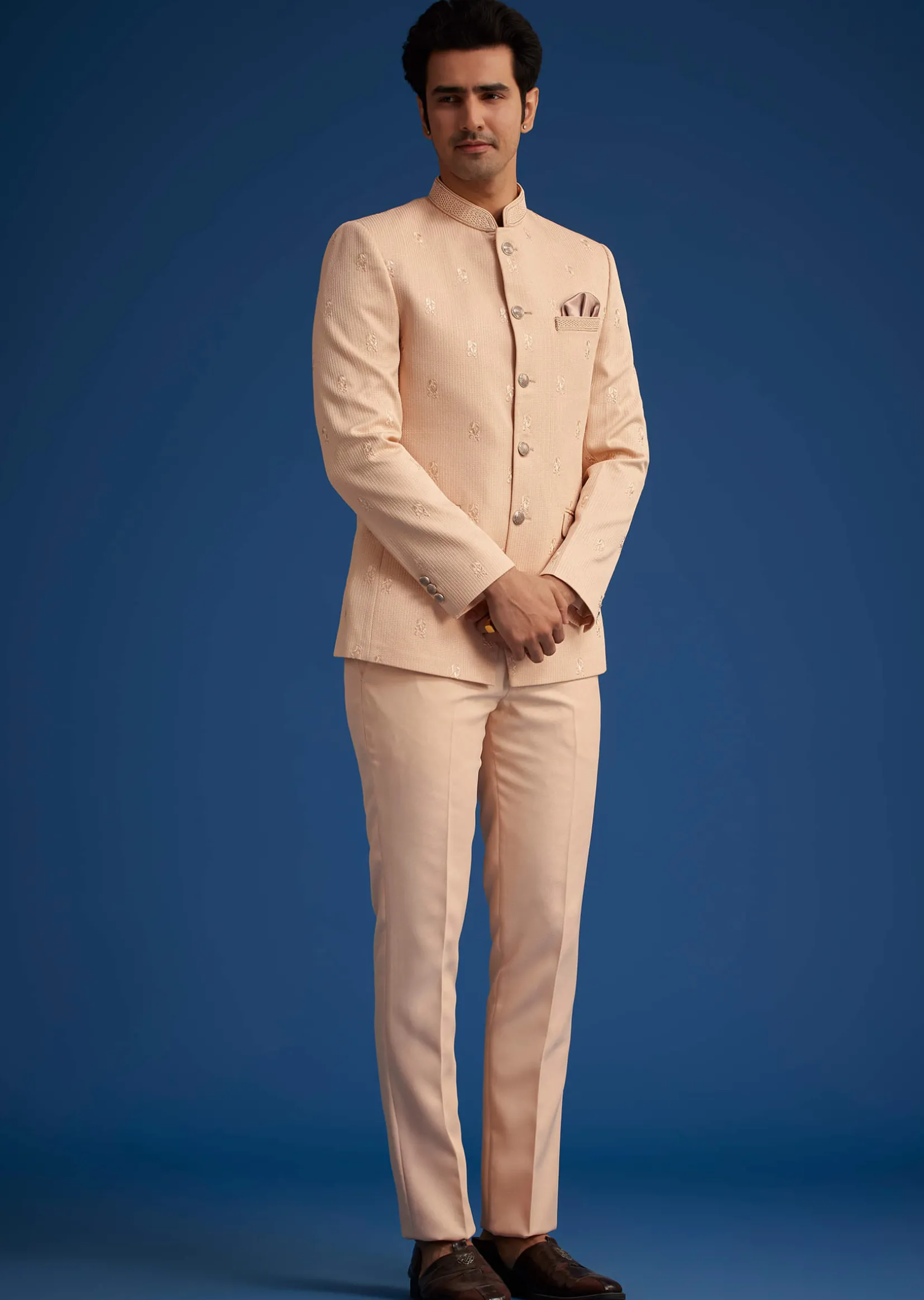 Peach Rayon Jodhpuri With Self Embroidery