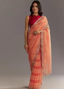 Peach Red Shaded Shibori Print Tissue Saree With Embroidered Scallop Border
