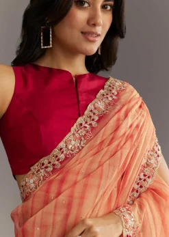 Peach Red Shaded Shibori Print Tissue Saree With Embroidered Scallop Border