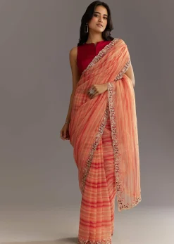 Peach Red Shaded Shibori Print Tissue Saree With Embroidered Scallop Border