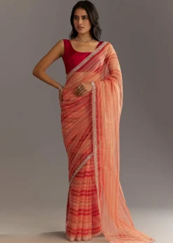 Peach Red Shaded Tissue Saree With Cutwork Scallop Border
