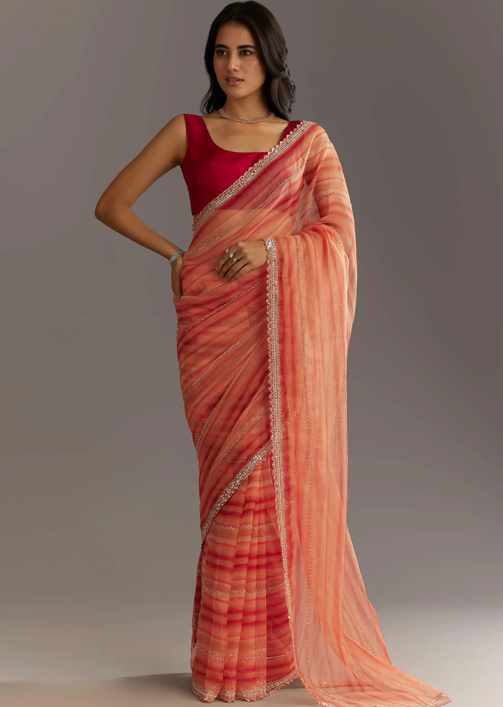 Peach Red Shaded Tissue Saree With Cutwork Scallop Border