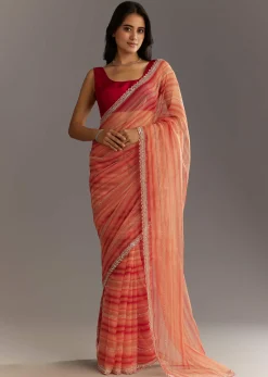 Peach Red Shaded Tissue Saree With Cutwork Scallop Border