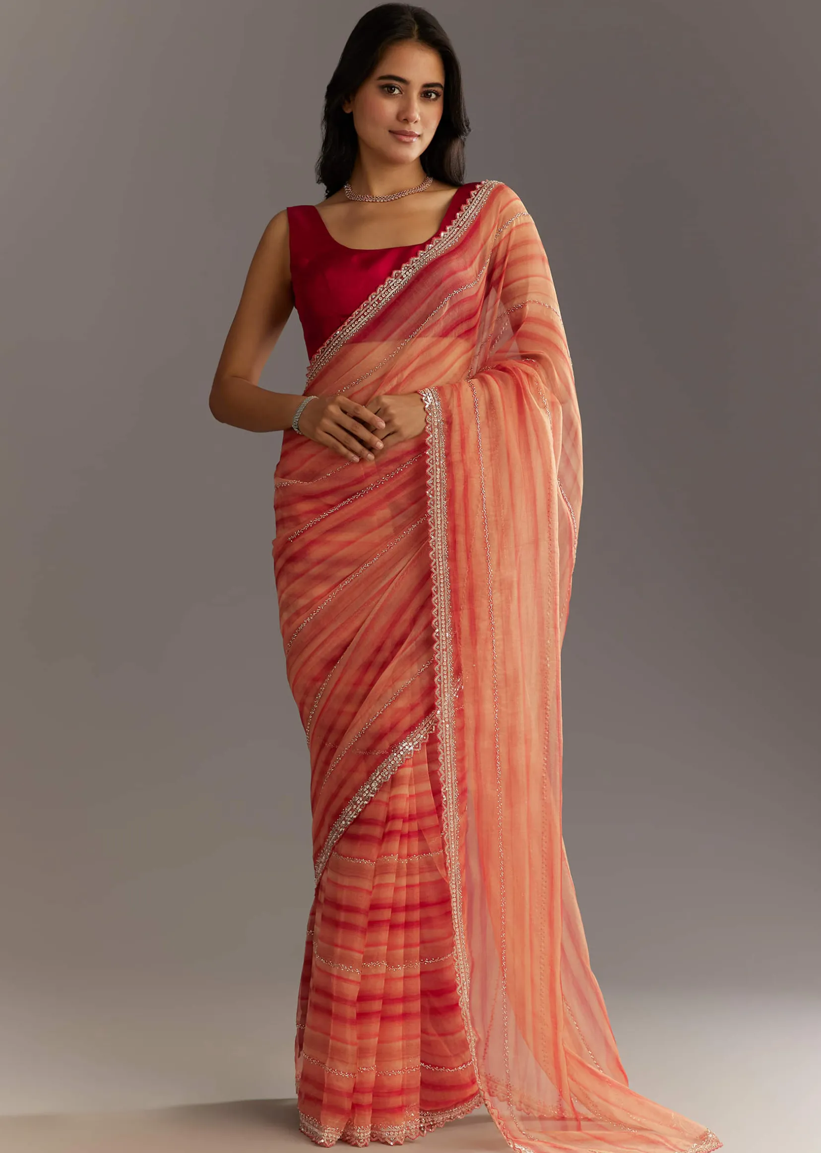 Peach Red Shaded Tissue Saree With Cutwork Scallop Border