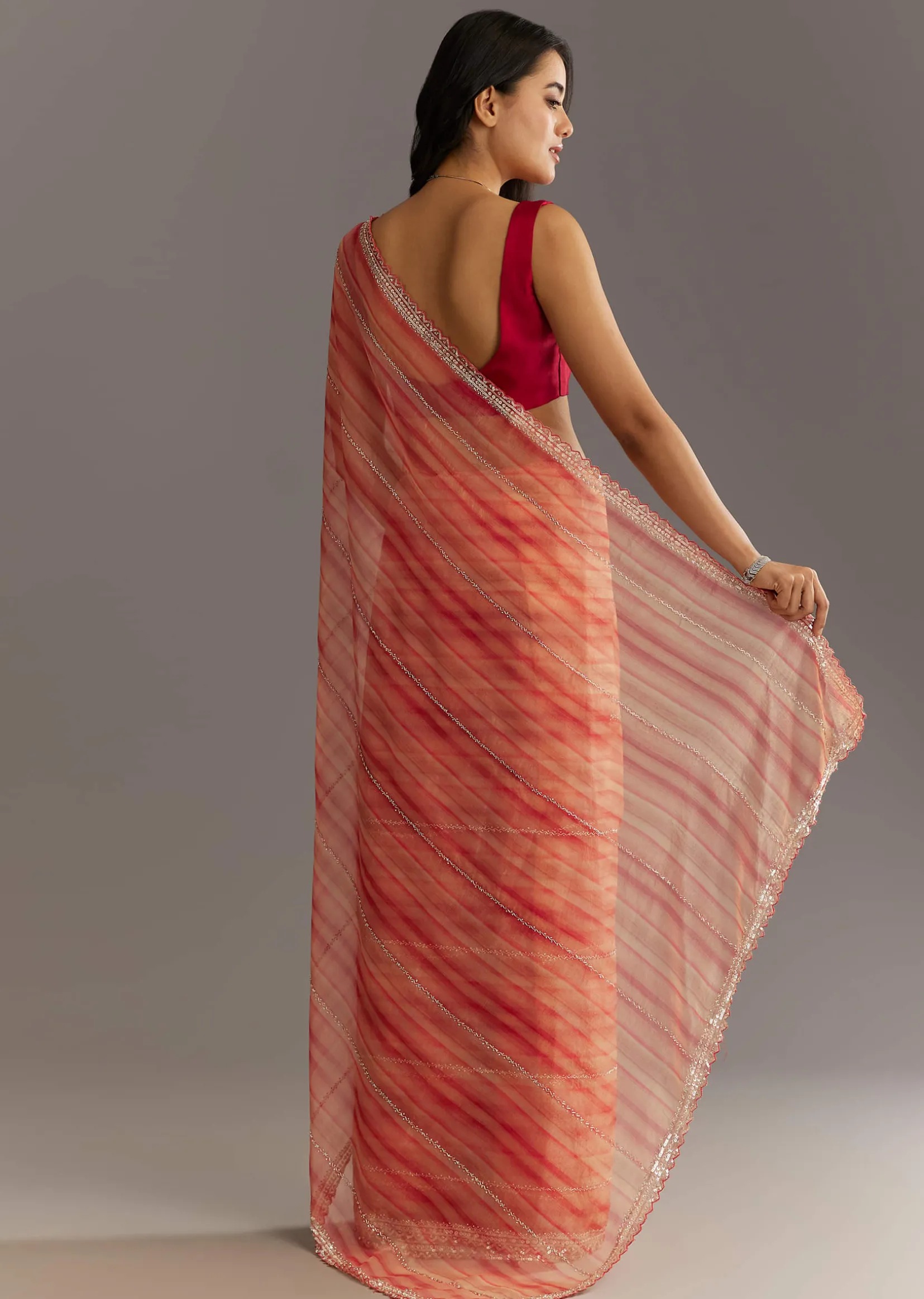 Peach Red Shaded Tissue Saree With Cutwork Scallop Border