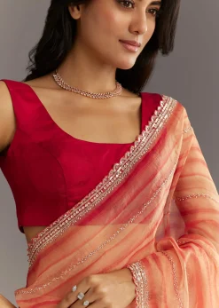 Peach Red Shaded Tissue Saree With Cutwork Scallop Border