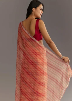 Peach Red Shaded Tissue Saree With Cutwork Scallop Border