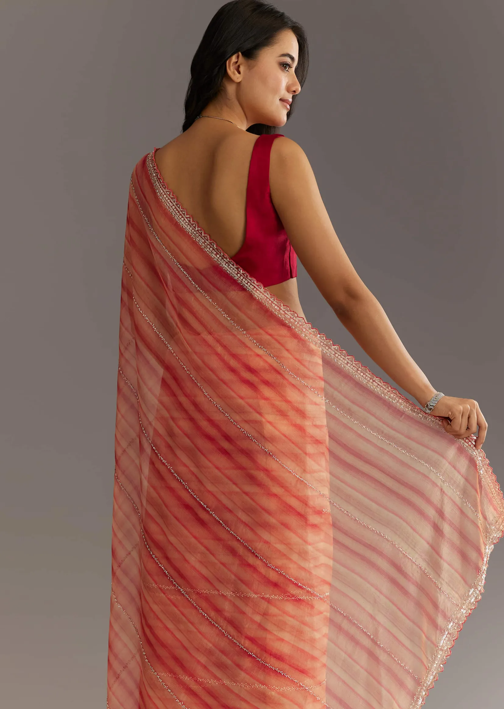 Peach Red Shaded Tissue Saree With Cutwork Scallop Border