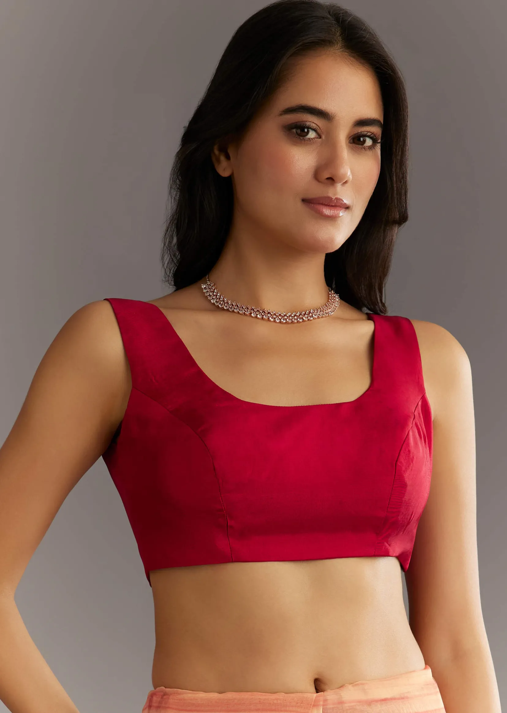 Peach Red Shaded Tissue Saree With Cutwork Scallop Border