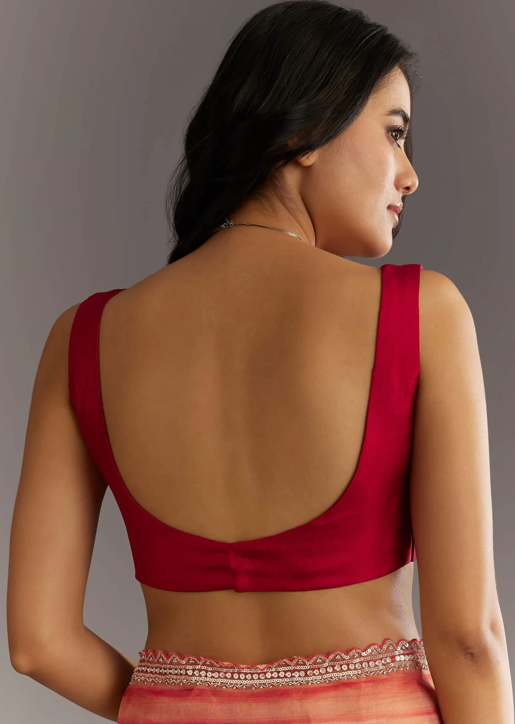 Peach Red Shaded Tissue Saree With Cutwork Scallop Border