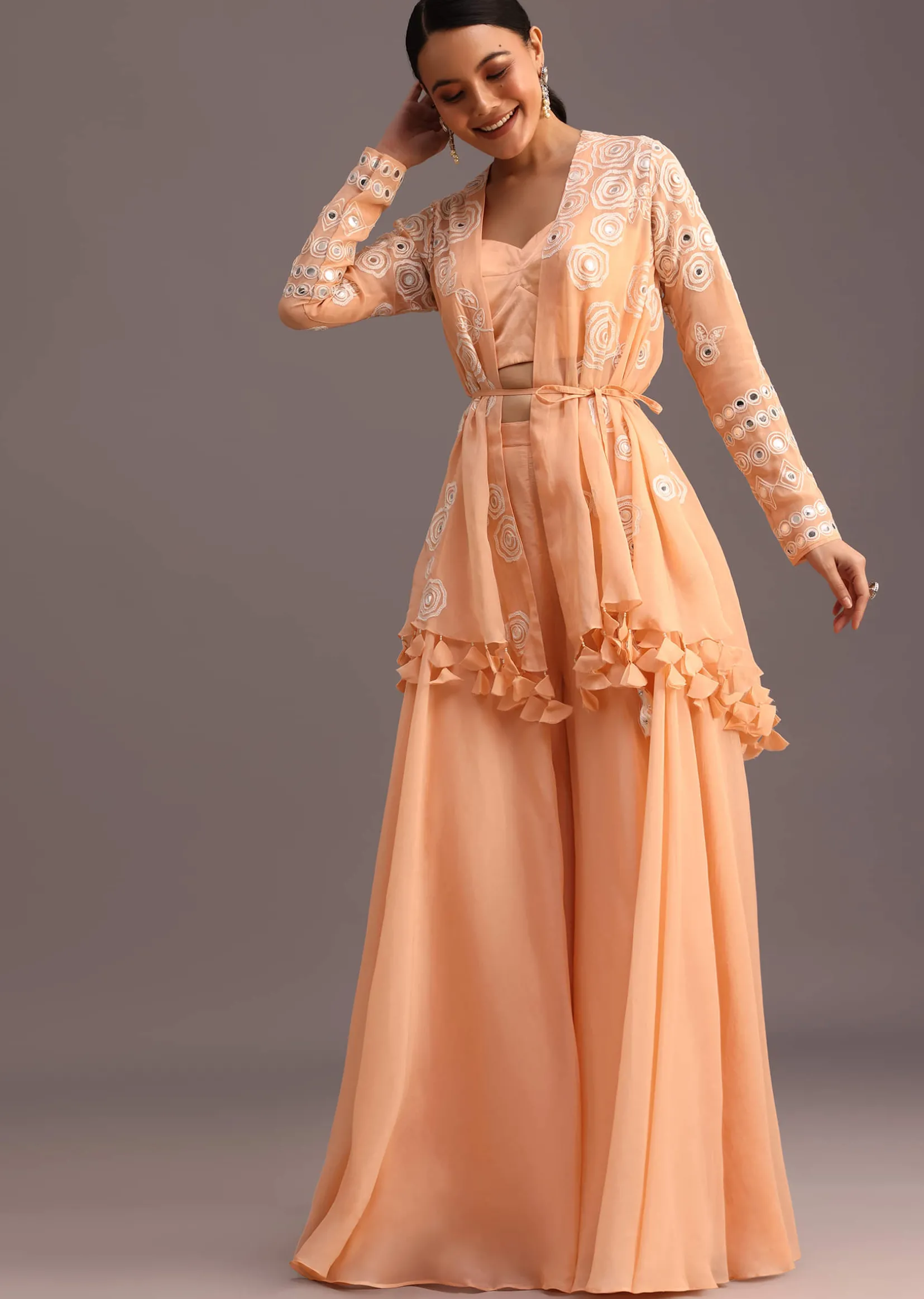 Peach Resham Work Jacket And Croptop Palazzo Set