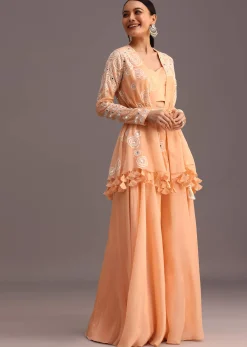 Peach Resham Work Jacket And Croptop Palazzo Set