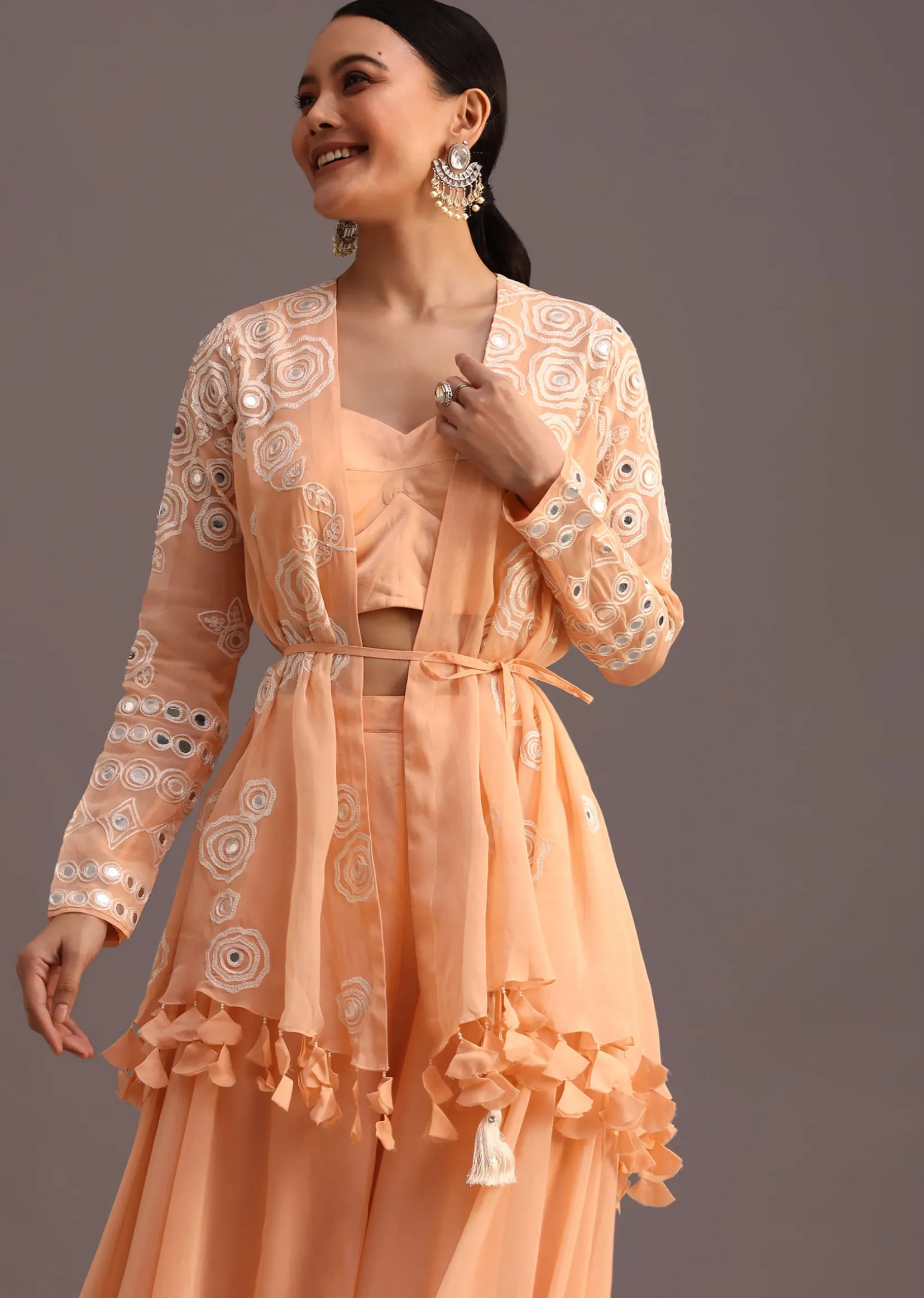 Peach Resham Work Jacket And Croptop Palazzo Set
