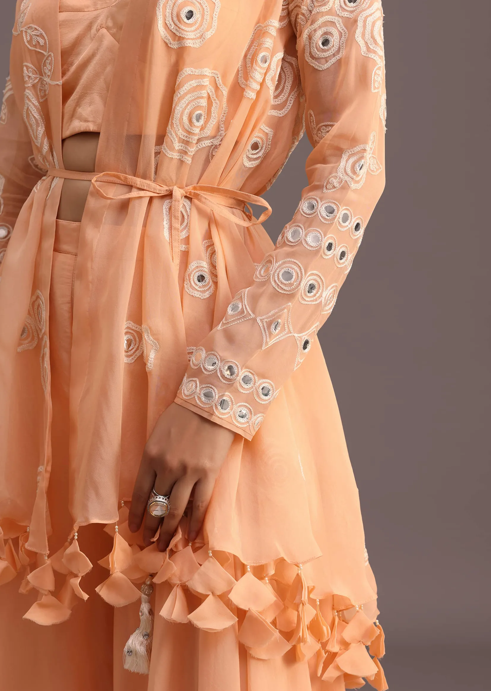 Peach Resham Work Jacket And Croptop Palazzo Set