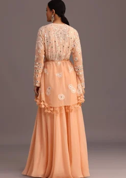 Peach Resham Work Jacket And Croptop Palazzo Set
