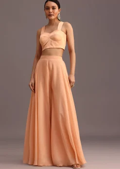 Peach Resham Work Jacket And Croptop Palazzo Set