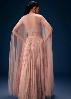 Peach Ruched Lehenga With Embroidered Blouse and Net Cape
