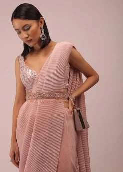Peach Saree With A Crop Top Crafted In Net With Sequins Embroidery