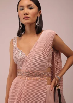 Peach Saree With A Crop Top Crafted In Net With Sequins Embroidery