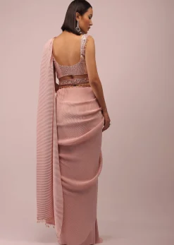 Peach Saree With A Crop Top Crafted In Net With Sequins Embroidery