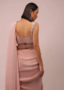Peach Saree With A Crop Top Crafted In Net With Sequins Embroidery