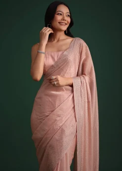 Peach Satin Heavy Embroidered Saree With Stones And Diamonds All Over