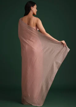 Peach Satin Heavy Embroidered Saree With Stones And Diamonds All Over