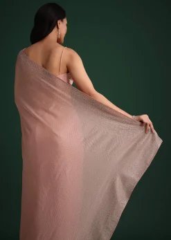 Peach Satin Heavy Embroidered Saree With Stones And Diamonds All Over