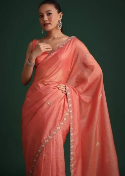 Peach Sequin Work Crushed Tissue Saree