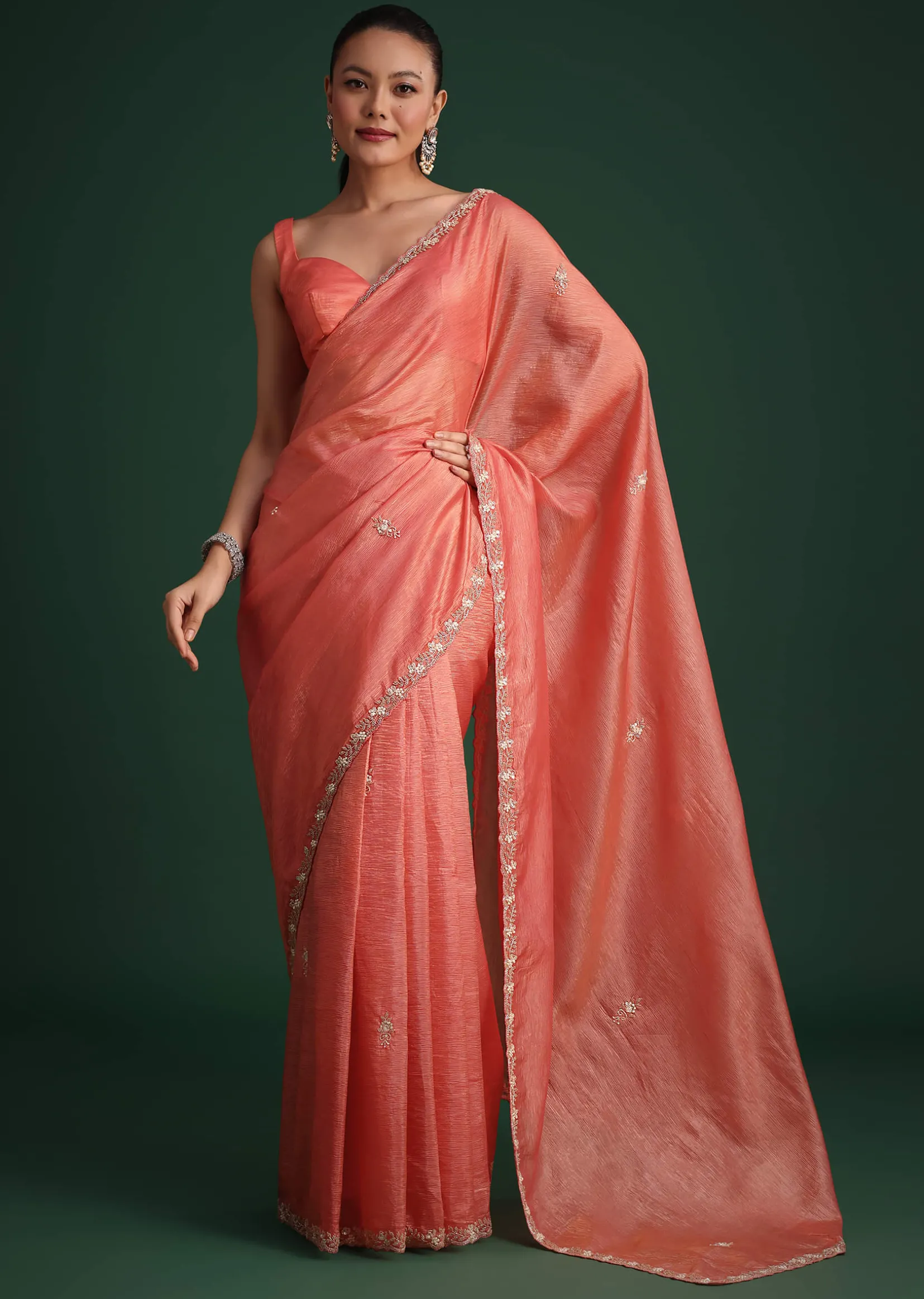 Peach Sequin Work Crushed Tissue Saree