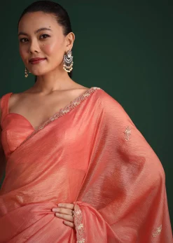 Peach Sequin Work Crushed Tissue Saree