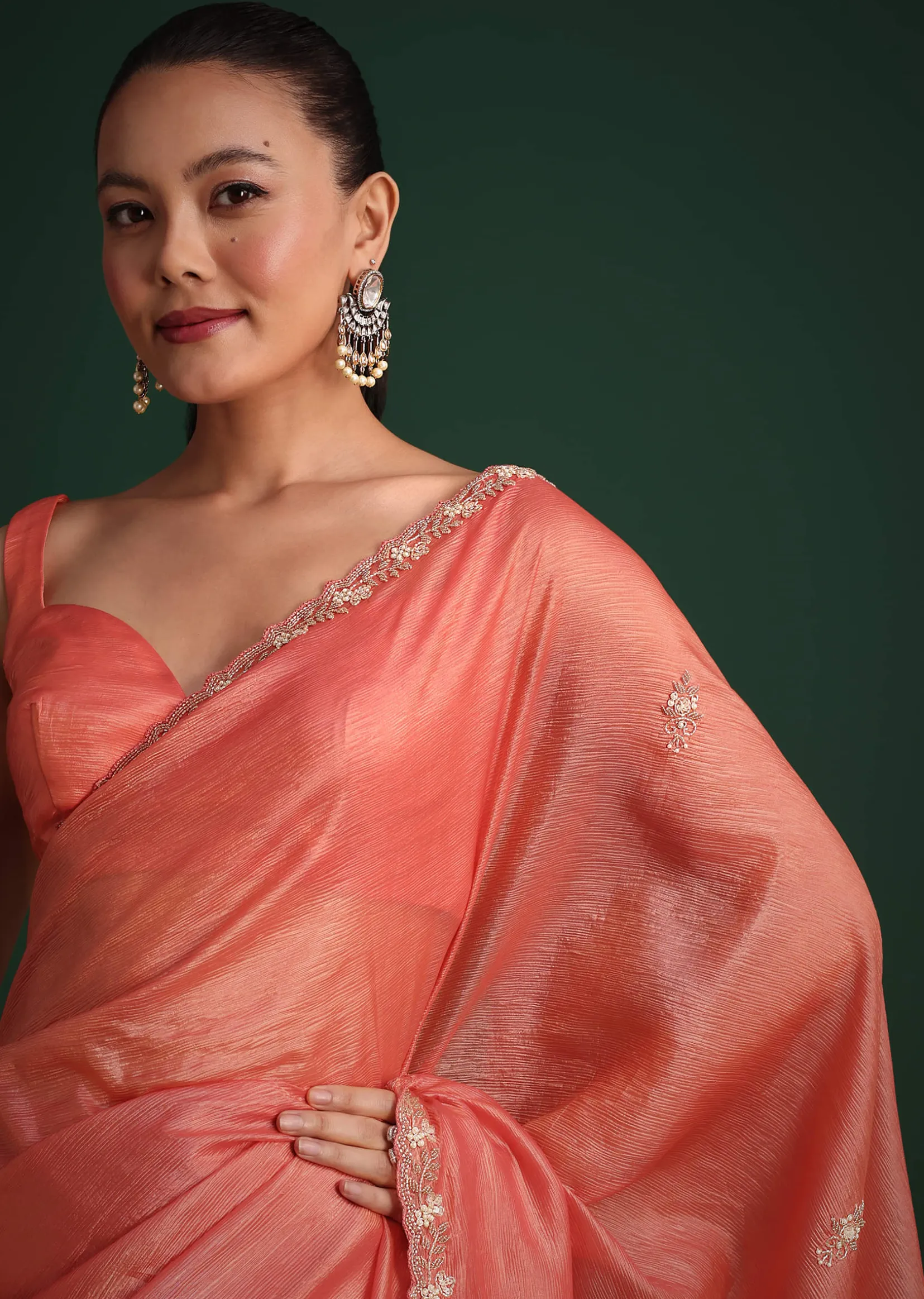 Peach Sequin Work Crushed Tissue Saree
