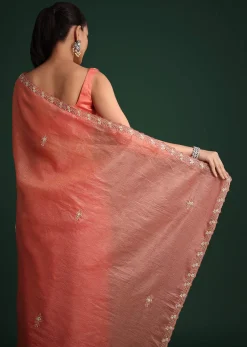 Peach Sequin Work Crushed Tissue Saree