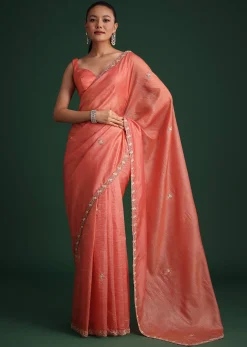 Peach Sequin Work Crushed Tissue Saree