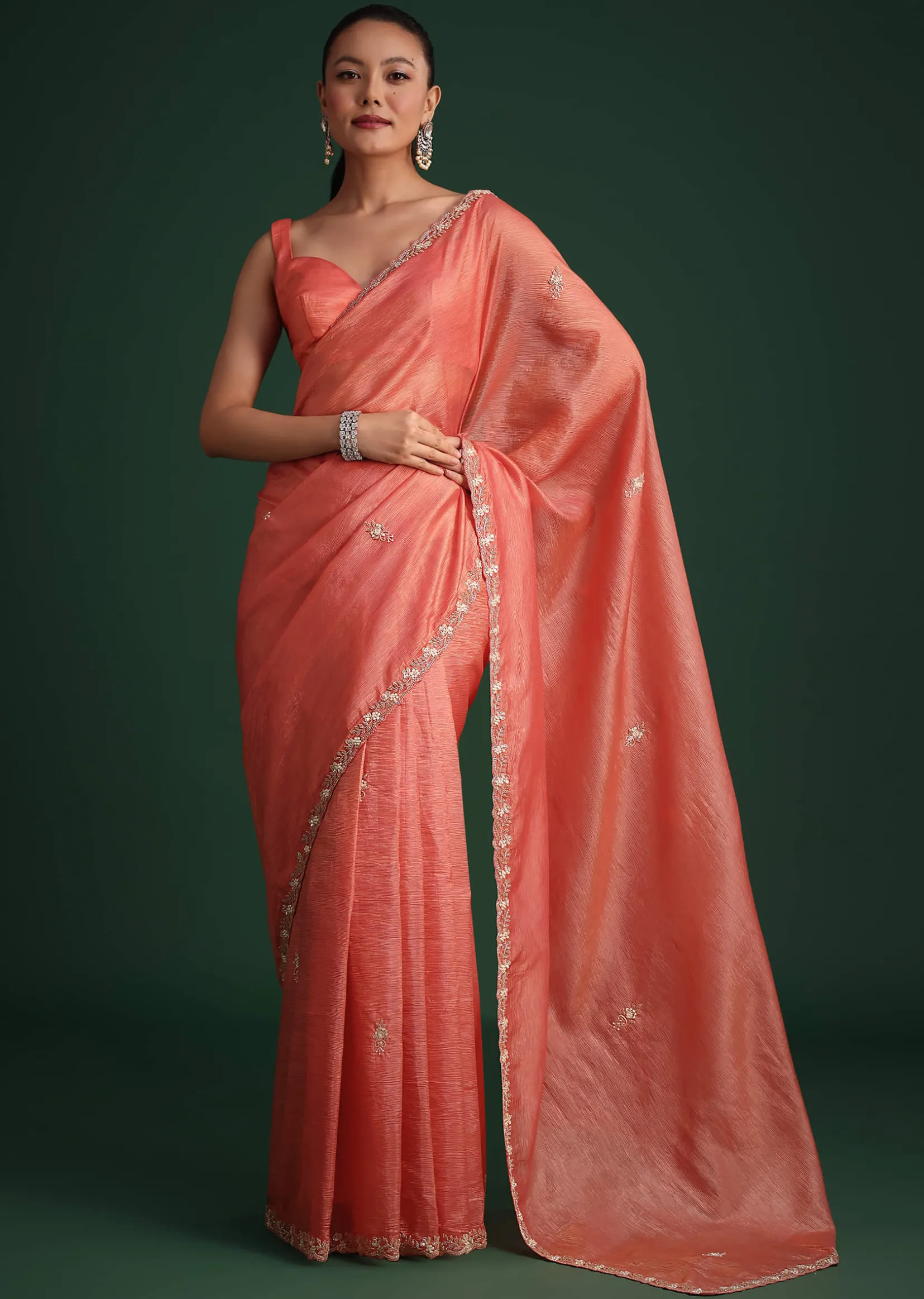 Peach Sequin Work Crushed Tissue Saree