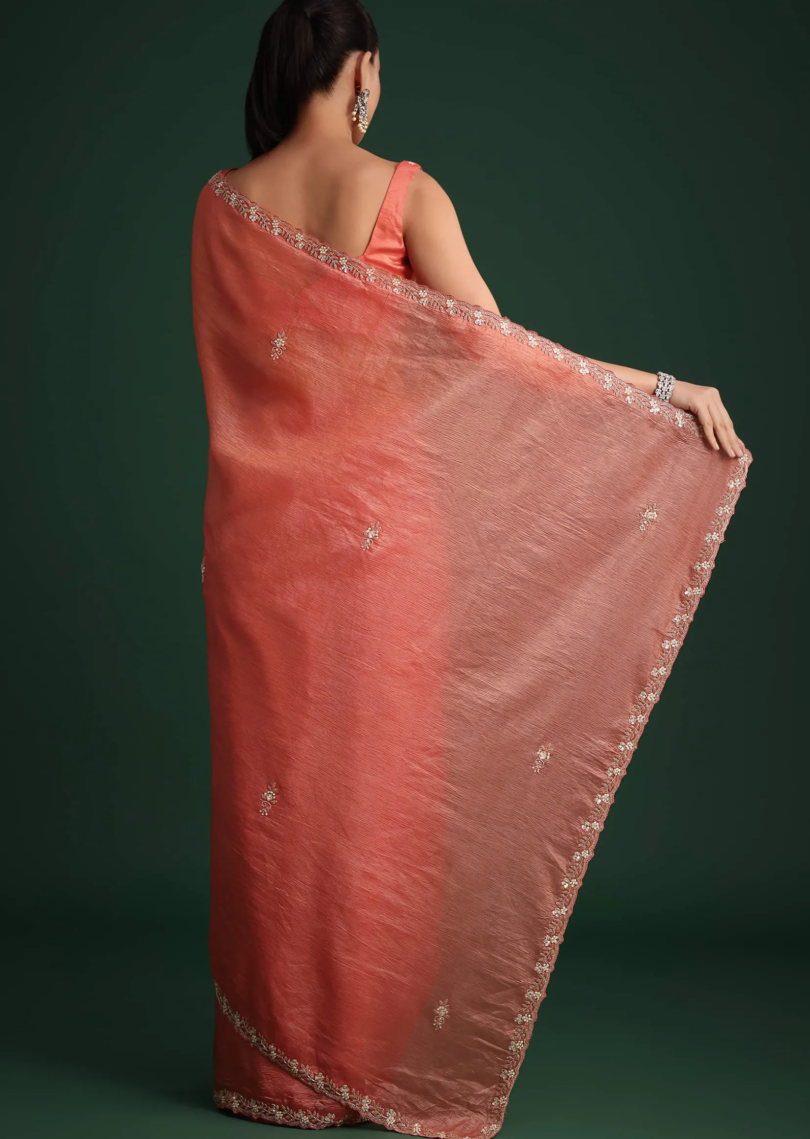 Peach Sequin Work Crushed Tissue Saree