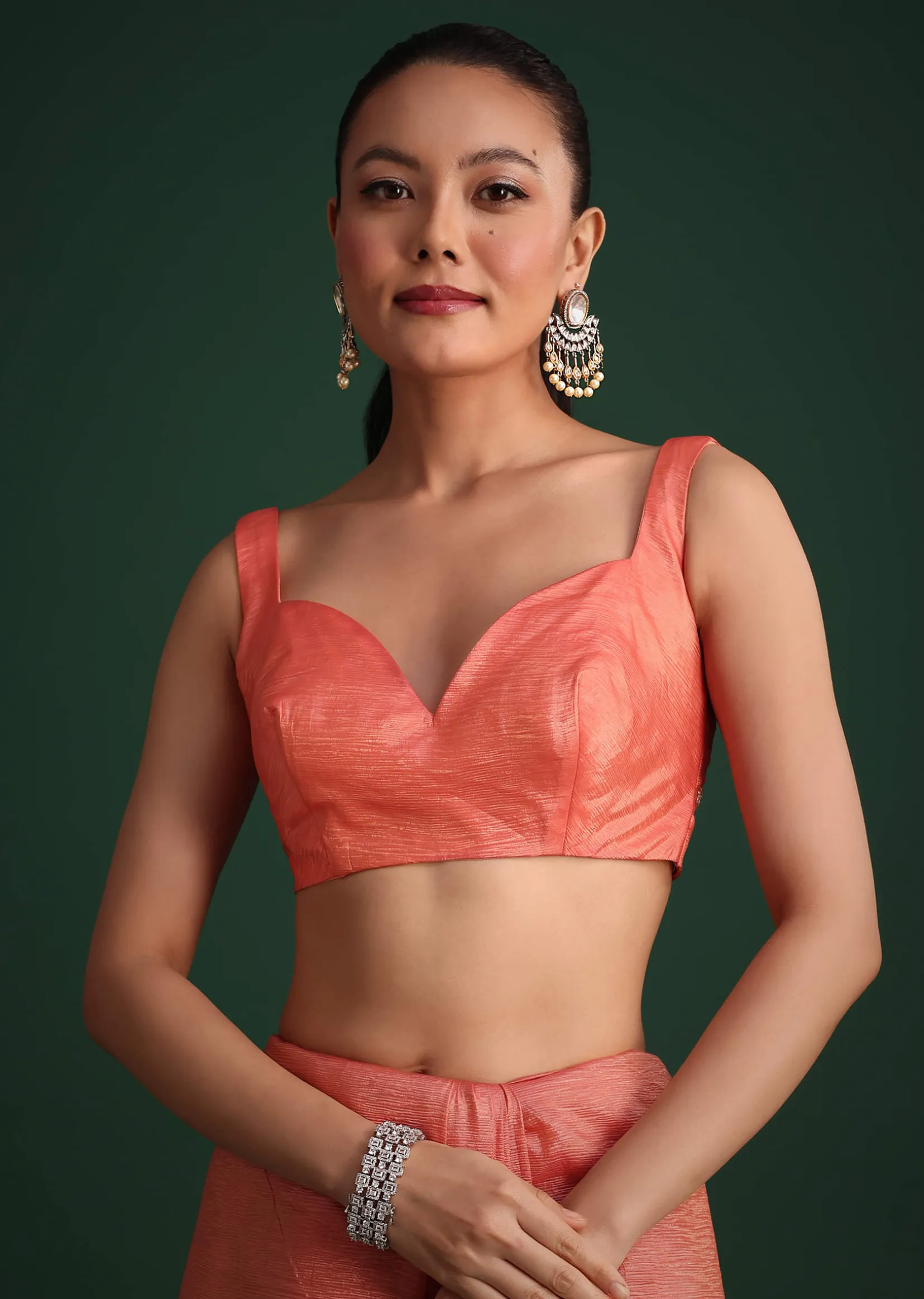 Peach Sequin Work Crushed Tissue Saree
