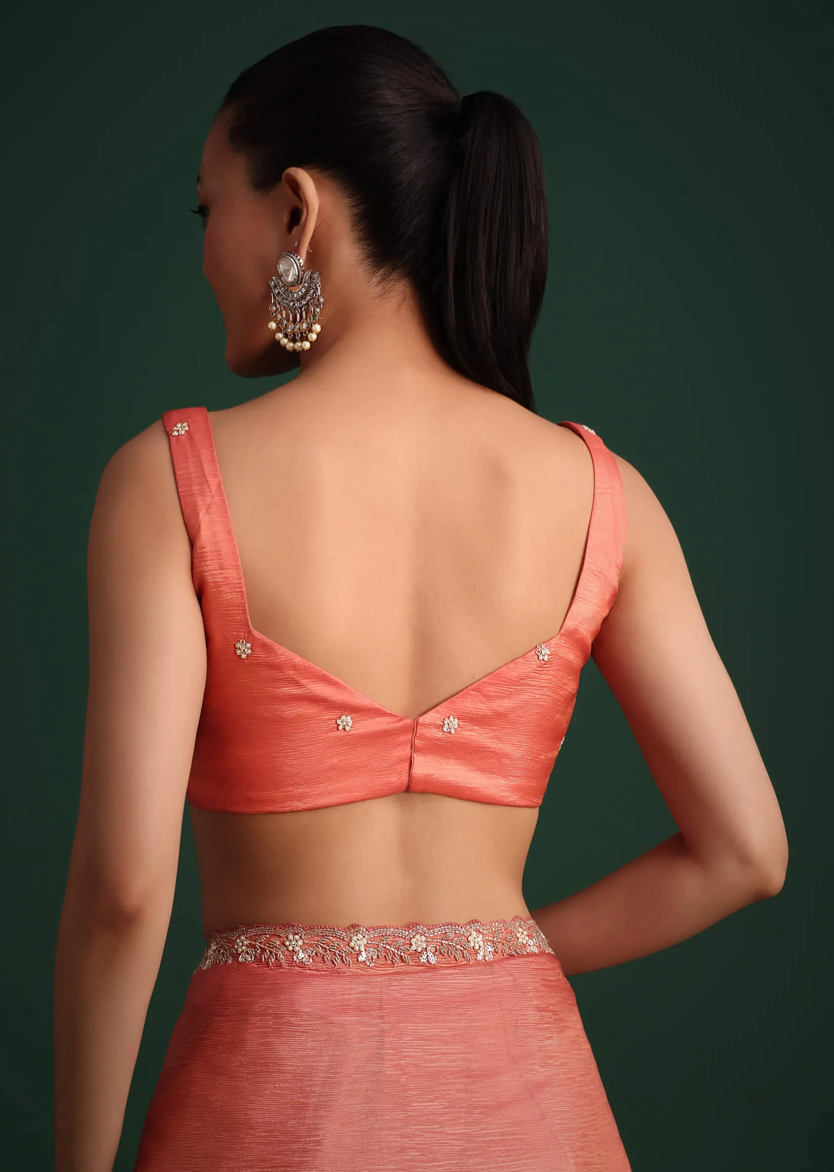 Peach Sequin Work Crushed Tissue Saree