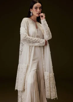 Peach Sharara Set With Sequence Embroidered Long Jacket
