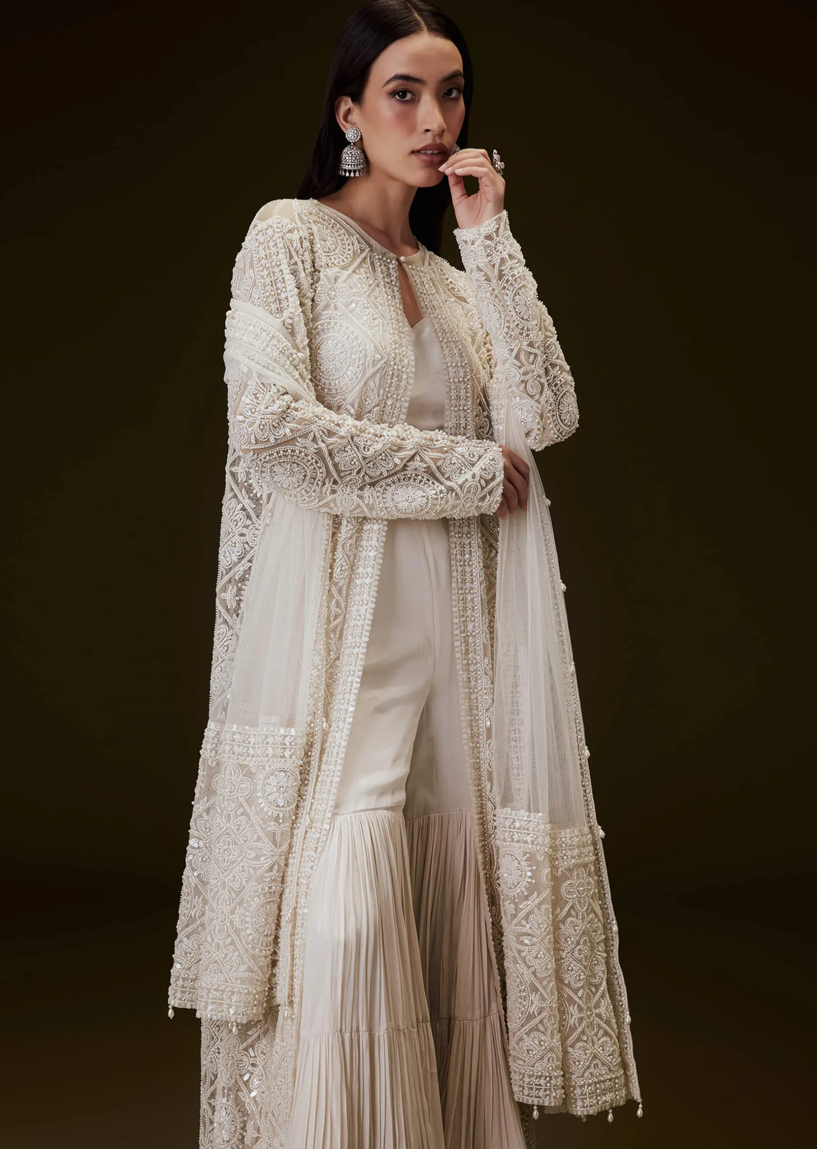 Peach Sharara Set With Sequence Embroidered Long Jacket