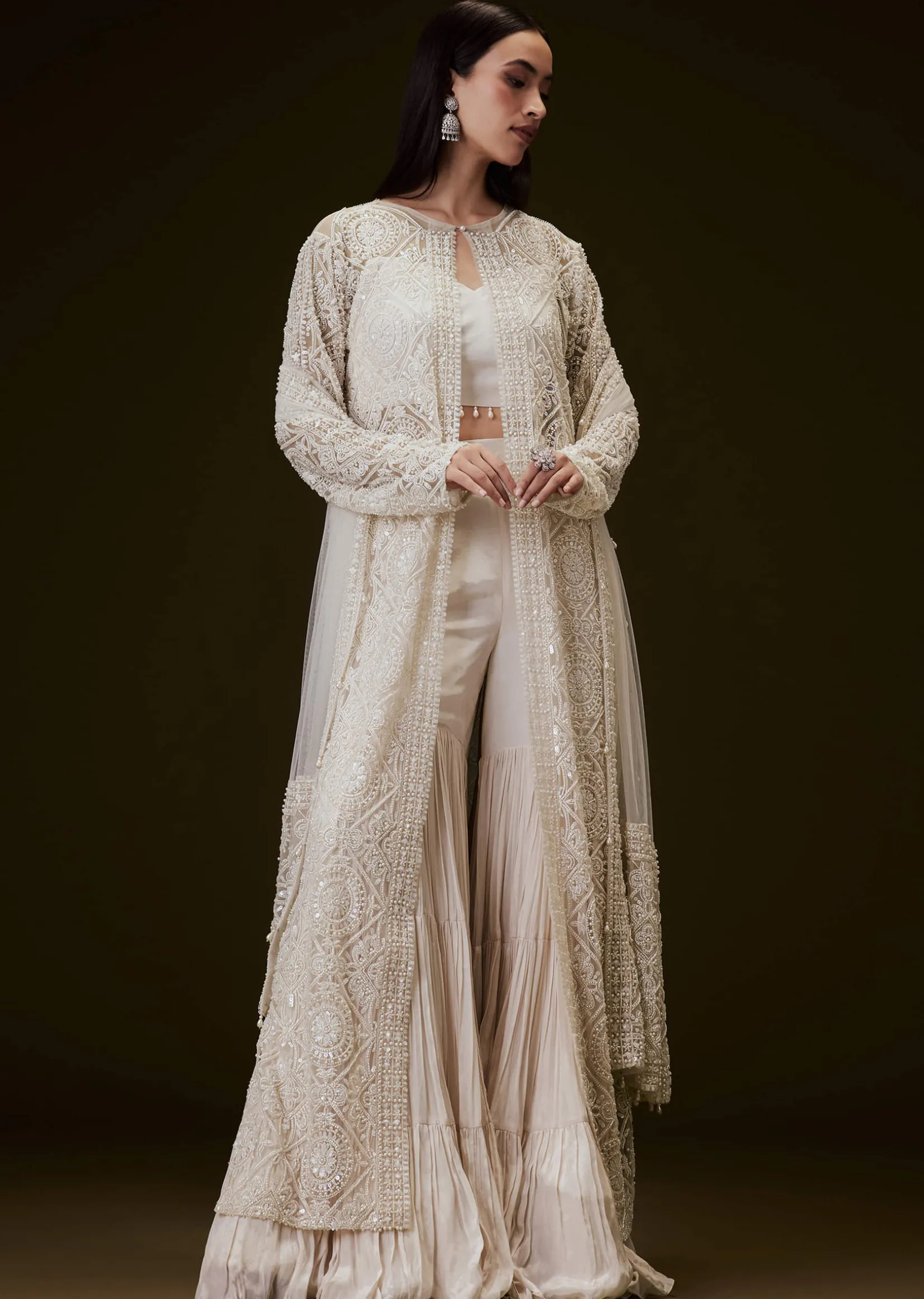 Peach Sharara Set With Sequence Embroidered Long Jacket