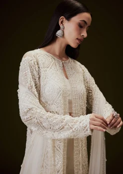 Peach Sharara Set With Sequence Embroidered Long Jacket