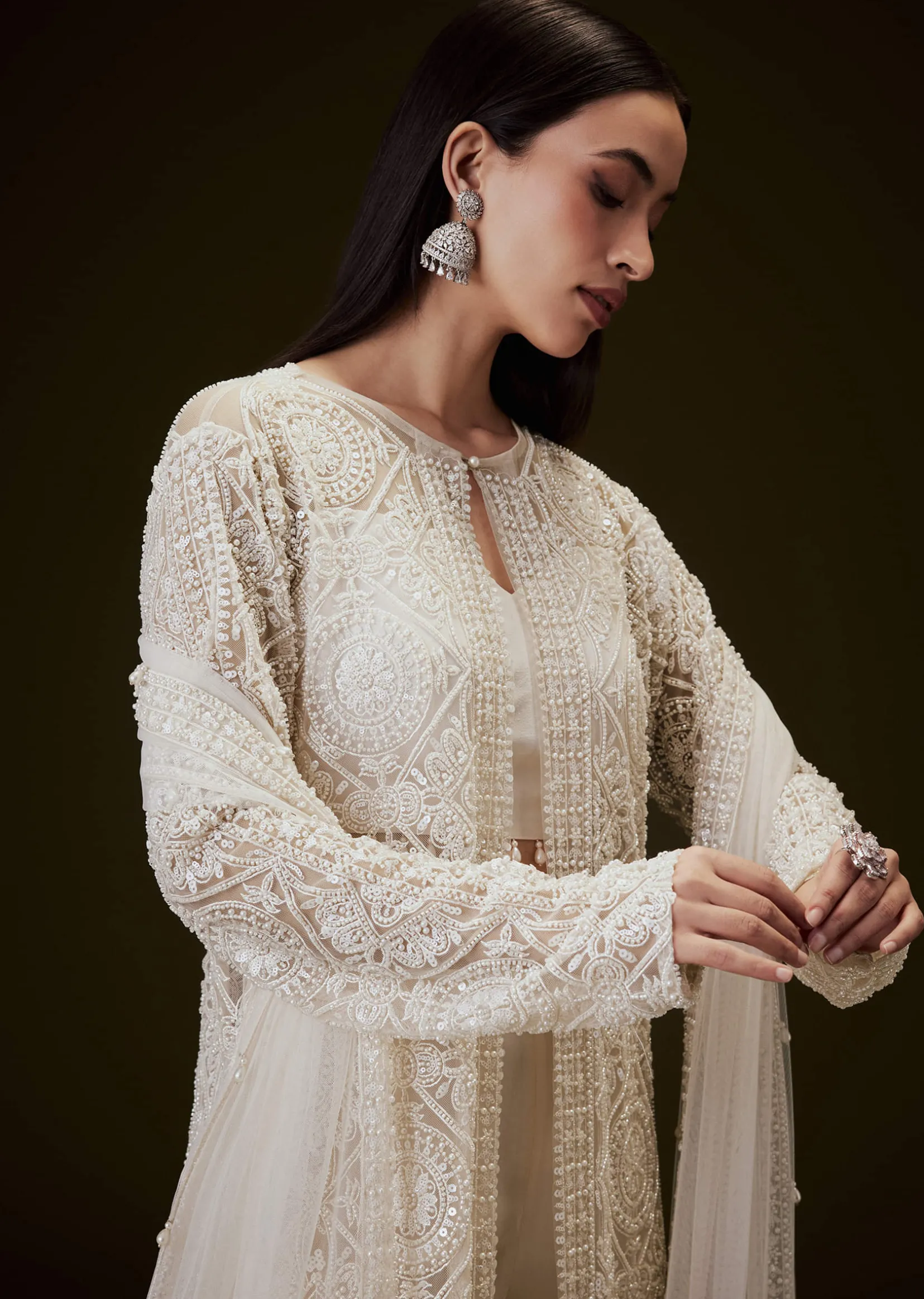 Peach Sharara Set With Sequence Embroidered Long Jacket