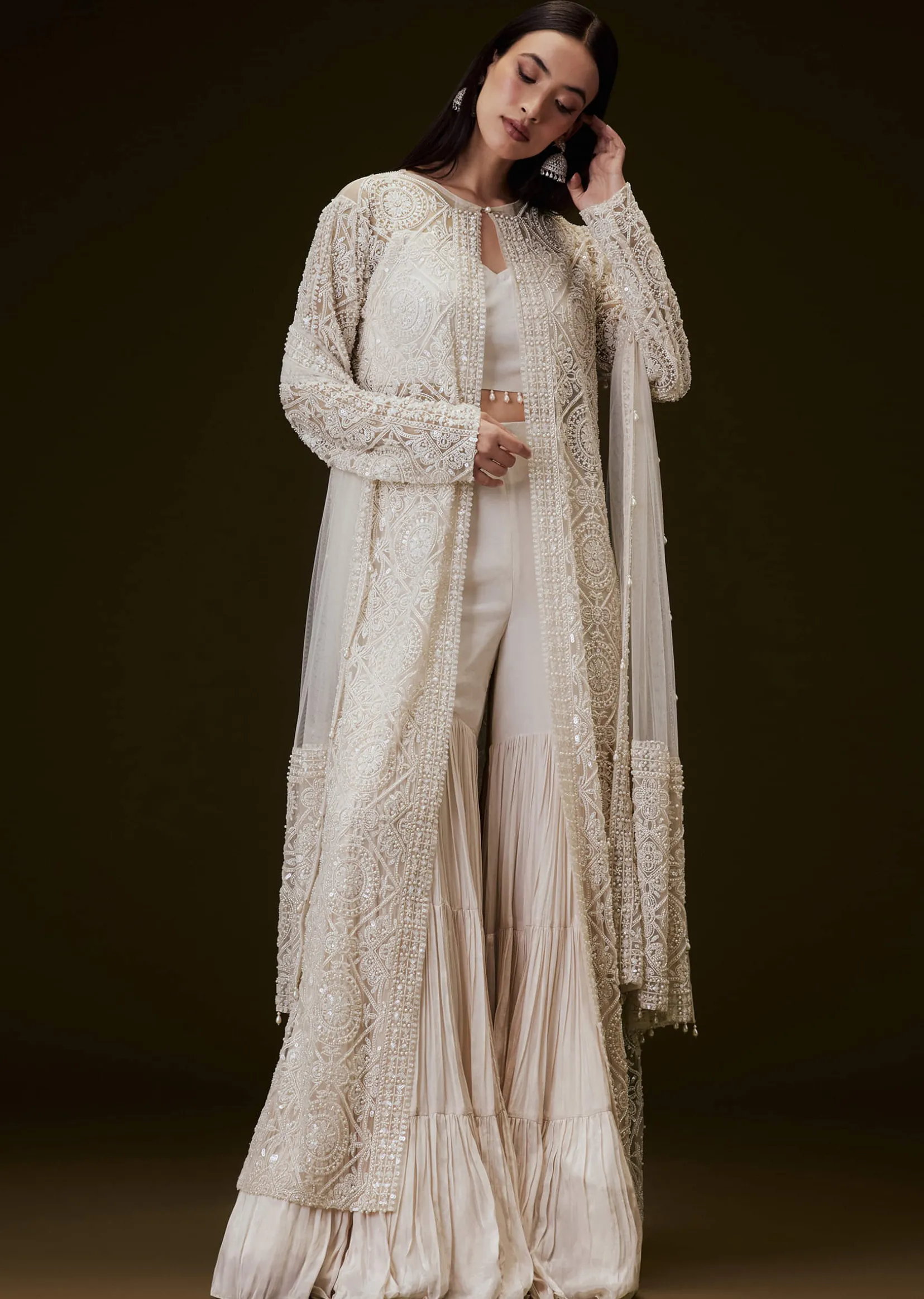 Peach Sharara Set With Sequence Embroidered Long Jacket