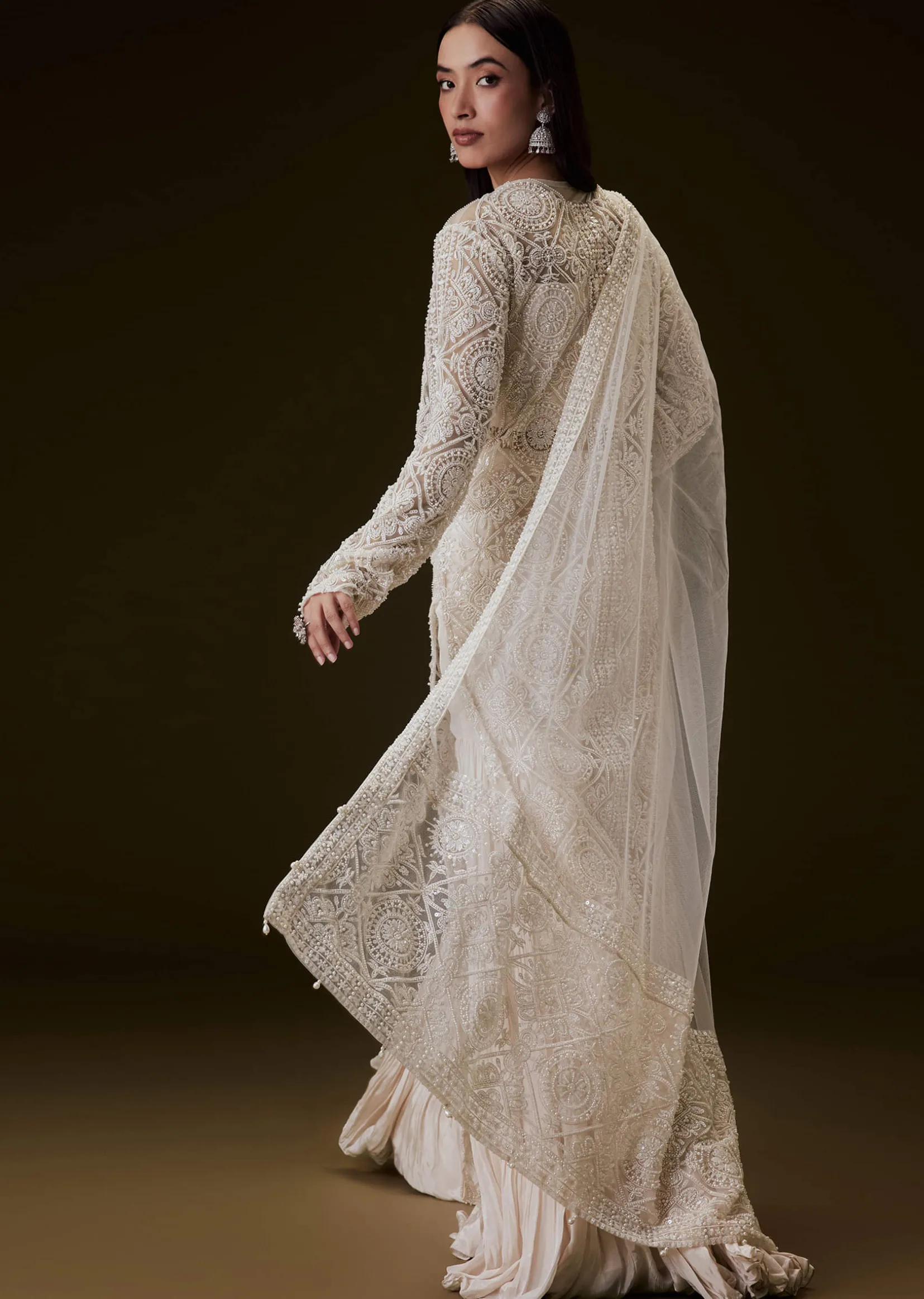 Peach Sharara Set With Sequence Embroidered Long Jacket