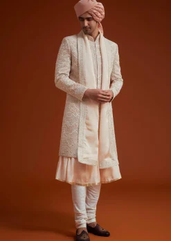 Peach Sherwani With Bead And Thread Embroidery