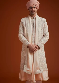 Peach Sherwani With Bead And Thread Embroidery