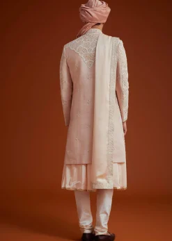 Peach Sherwani With Bead And Thread Embroidery