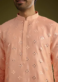 Peach Silk Blend Kurta Set With Mirror Work