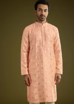 Peach Silk Blend Kurta Set With Mirror Work